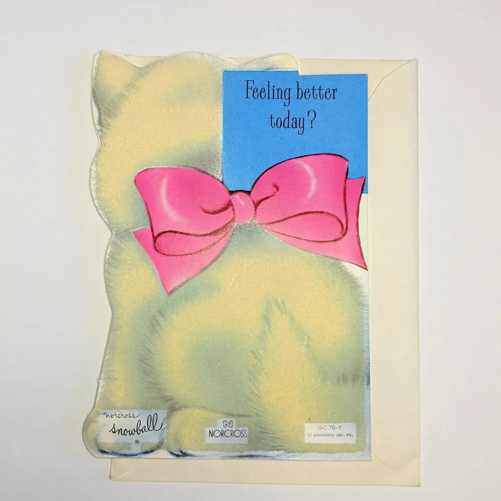 1970’s Norcross Flocked Greeting Card Cat Kitten How Are You? Snowball Unused